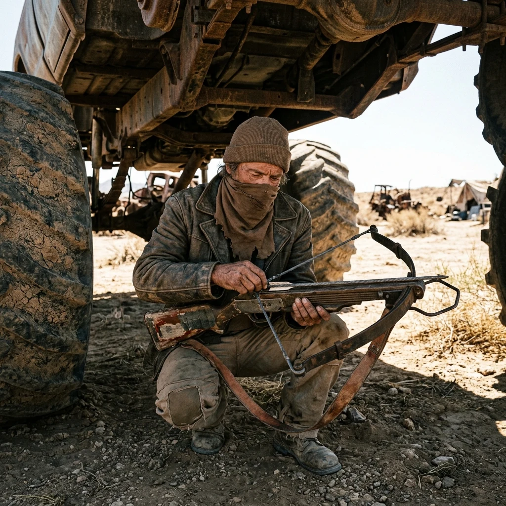 A scavenger crouching in the shade of a jacked-up monster truck