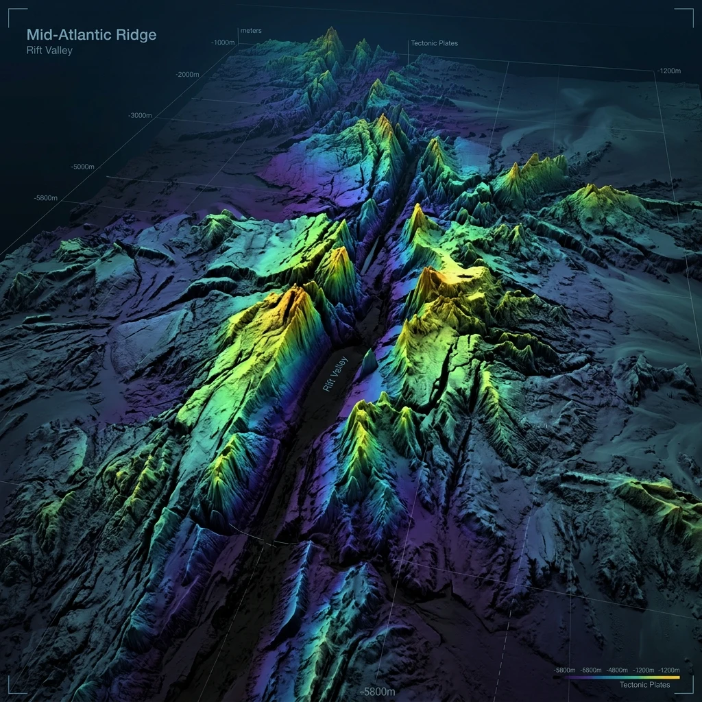 A 3D bathymetric sonar elevation map render of the Mid-Atlantic Ridge rift valley cutting…