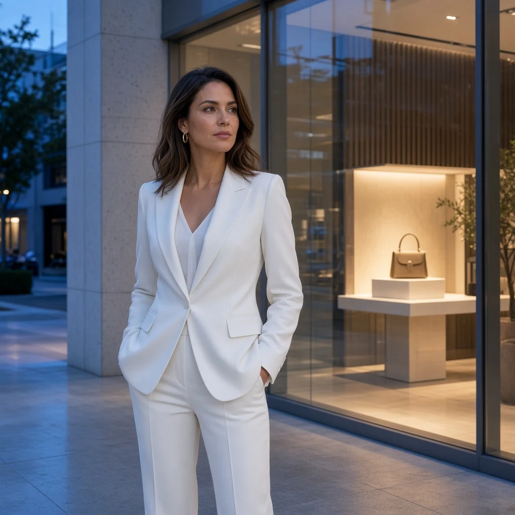 A woman in a tailored white suit at dusk outside a Design District storefront