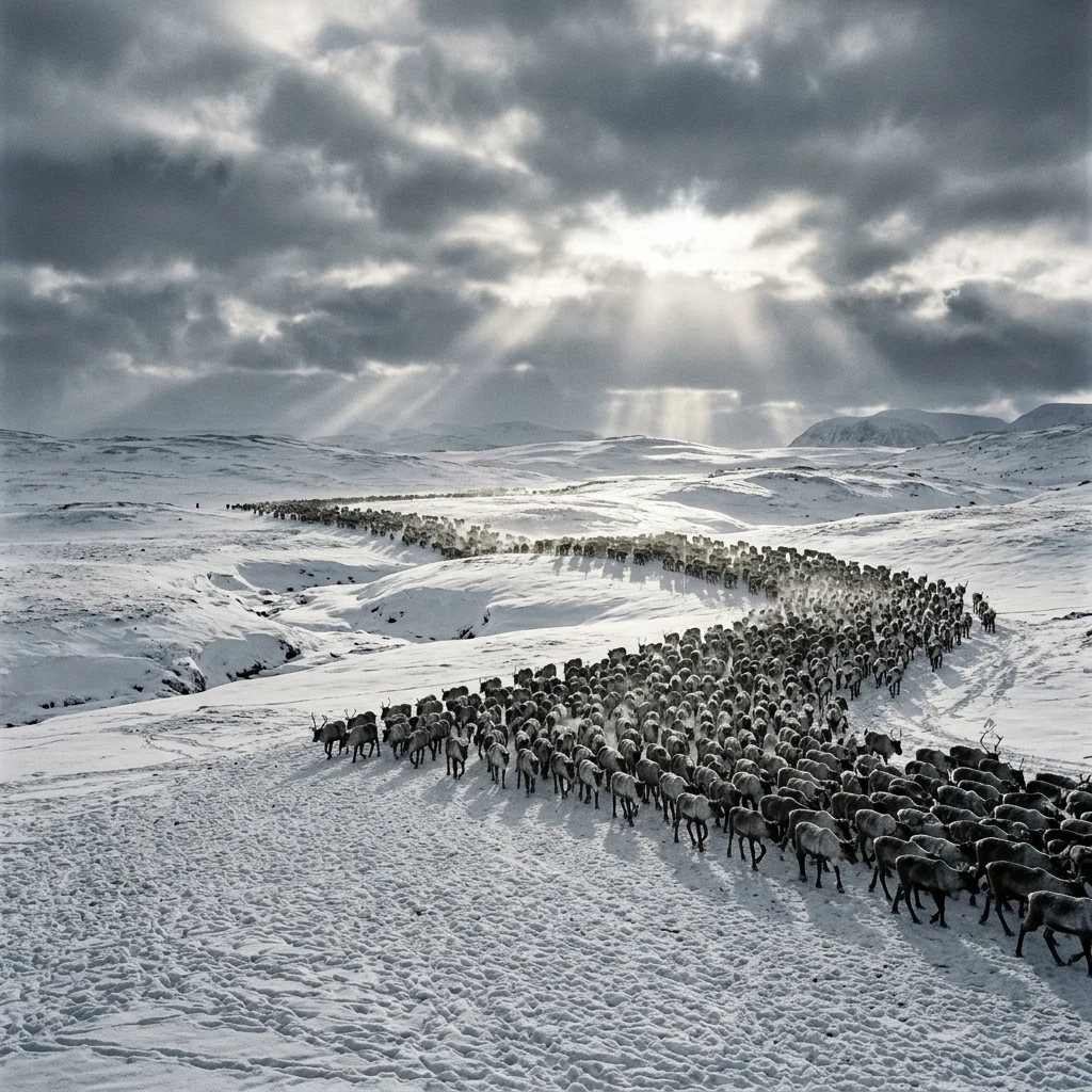 A massive herd of reindeer migrating across a snow-covered tundra plateau