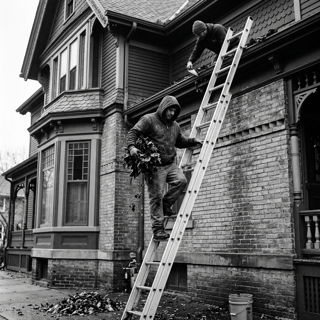 A gutter-cleaning crew on ladders against a Victorian house