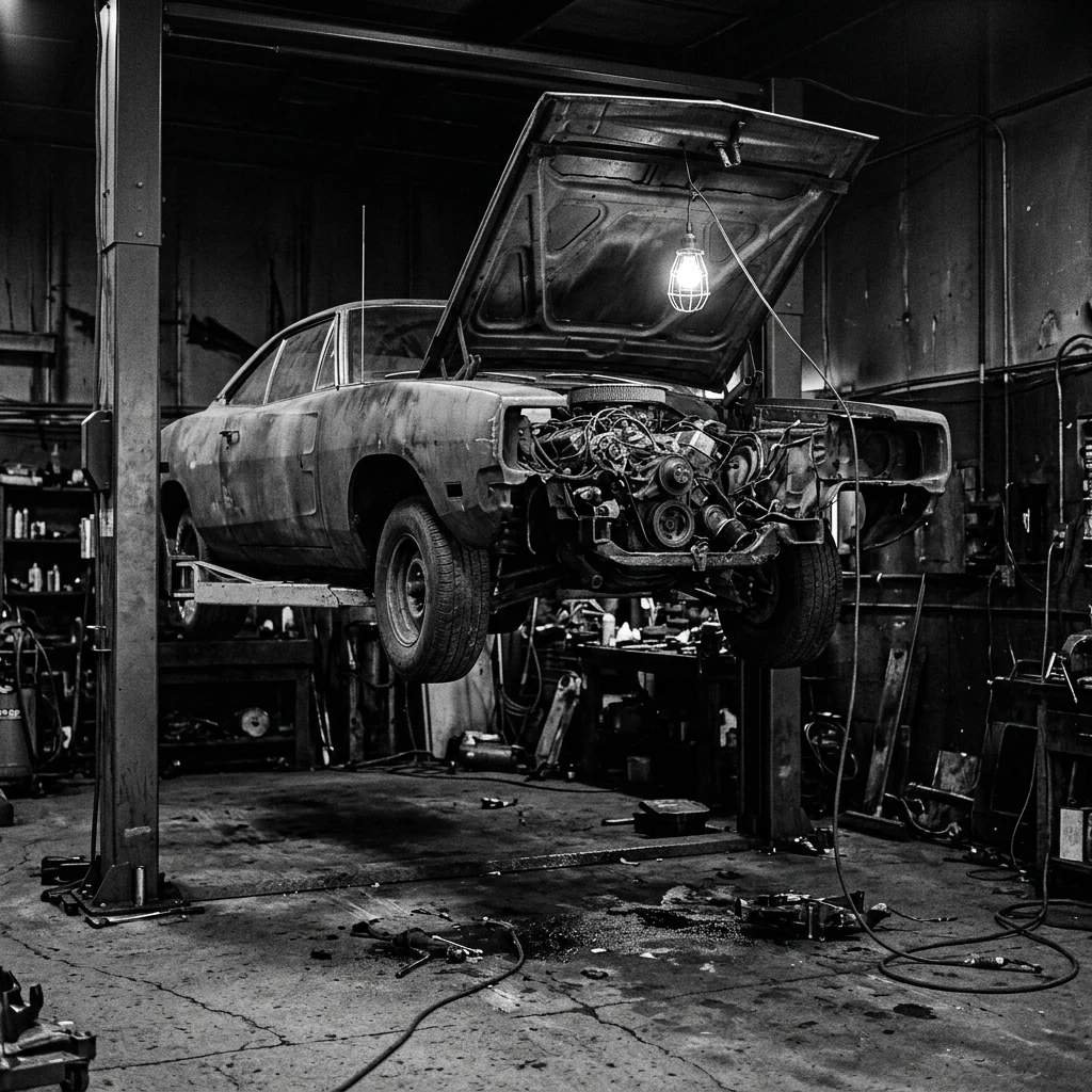 An auto repair garage bay lit by a single caged work lamp