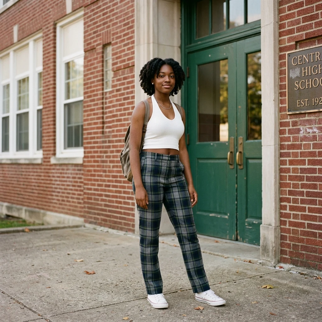 Confident person outside a brick school building