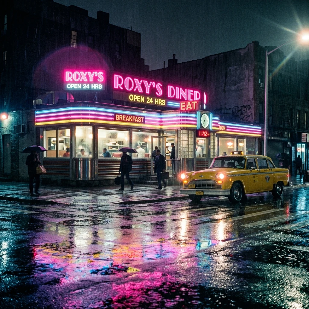 A street-level shot of a diner on a rainy night in 1988