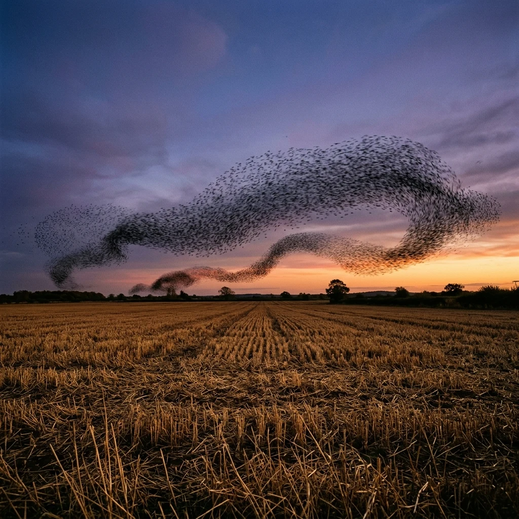 A murmuration of starlings over a stubble field at dusk