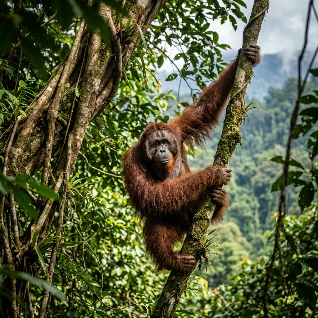A wild Bornean orangutan perched high in a strangler fig tree on the steep jungle slopes…