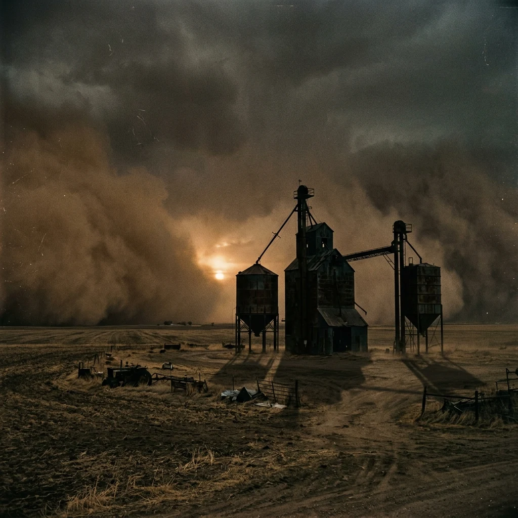 A dust storm rolling over a dead agricultural belt at dusk