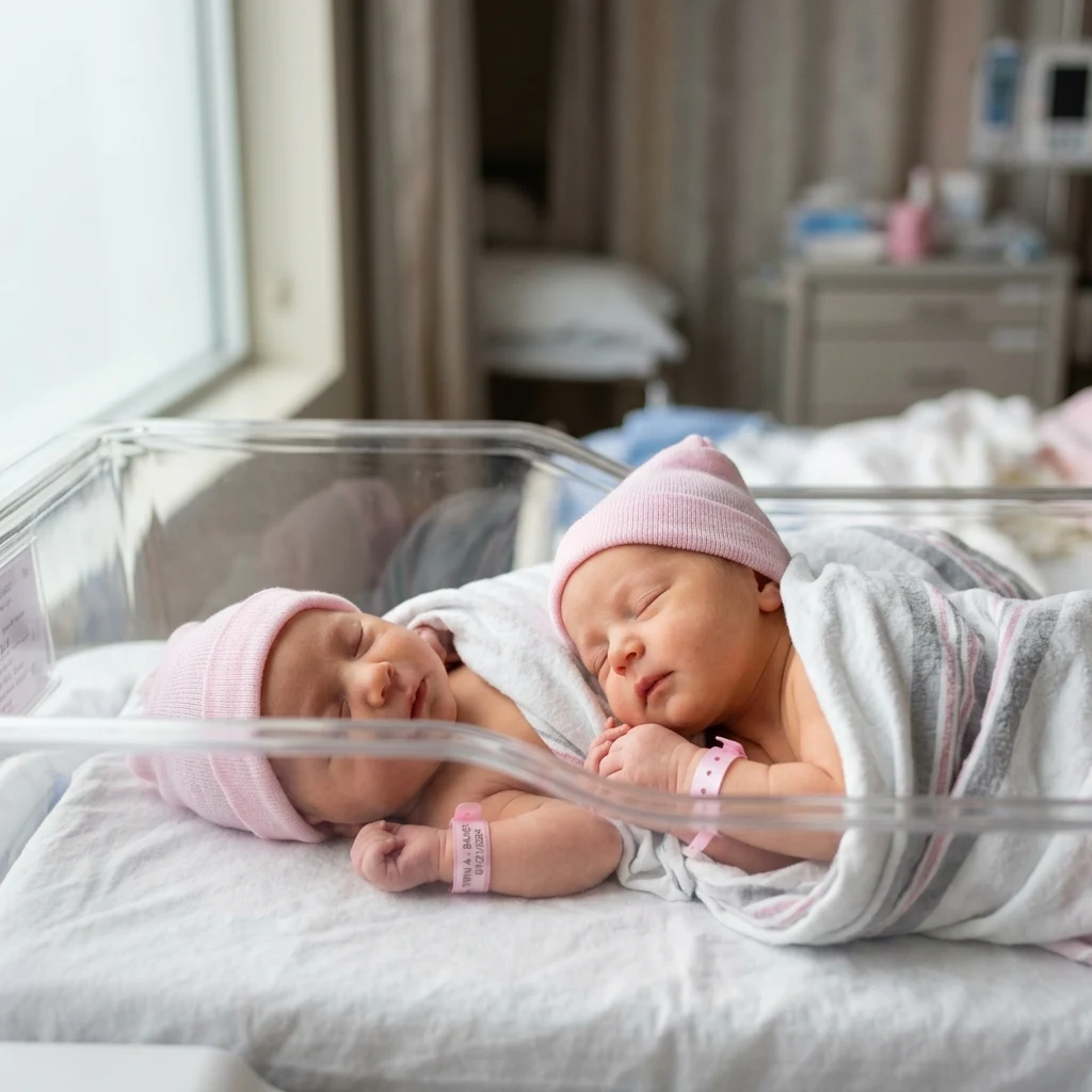 Identical twin newborn girls lying in a hospital bassinet