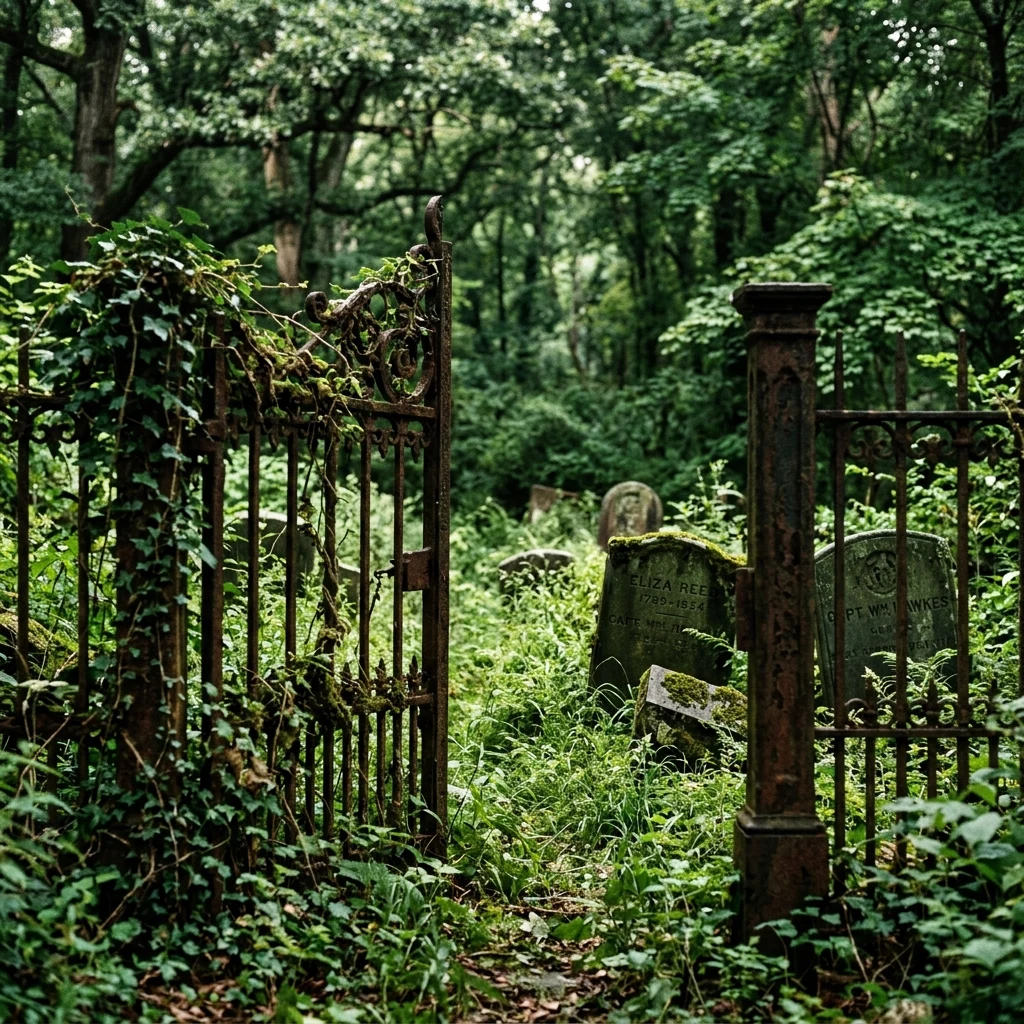 Overgrown gate to a quiet forest cemetery