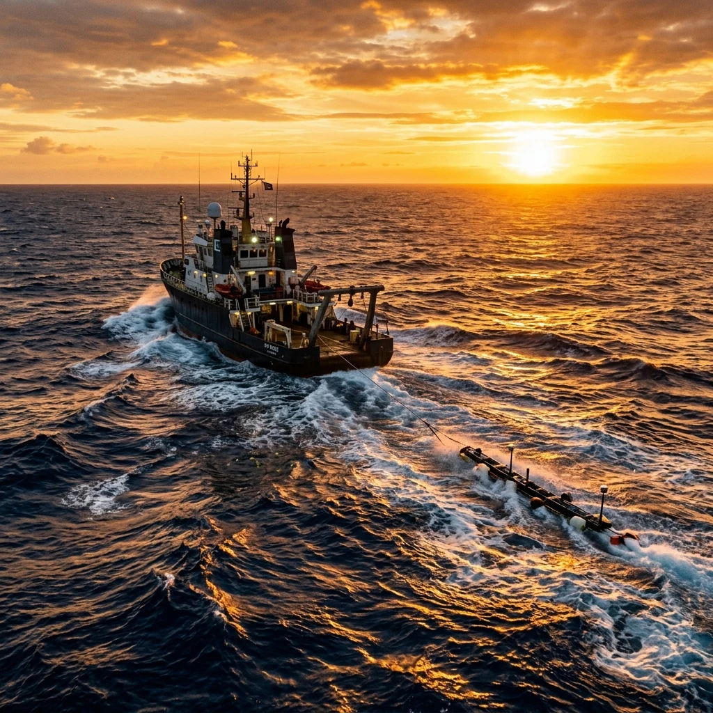 A deep-sea research ship towing a magnetometer array over the submerged Ninety East Ridge…