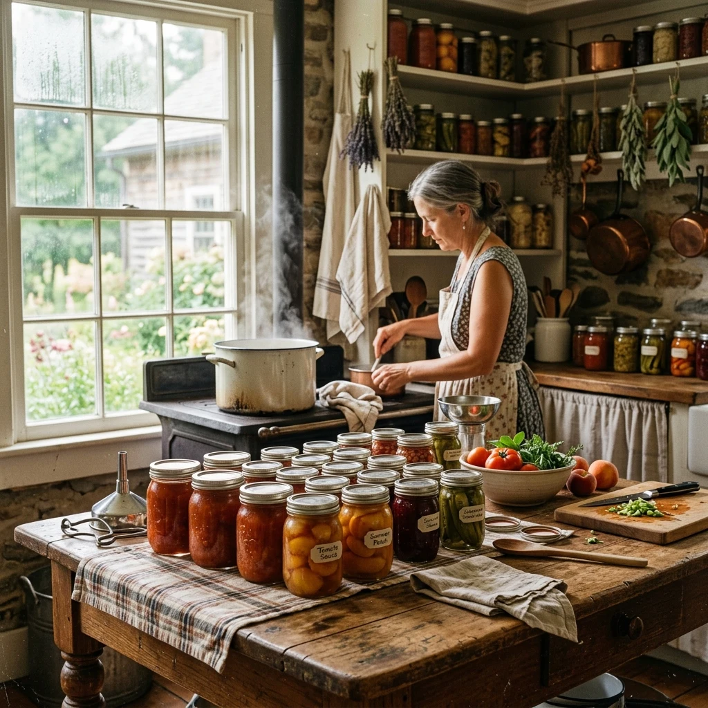 A farmhouse kitchen at canning season