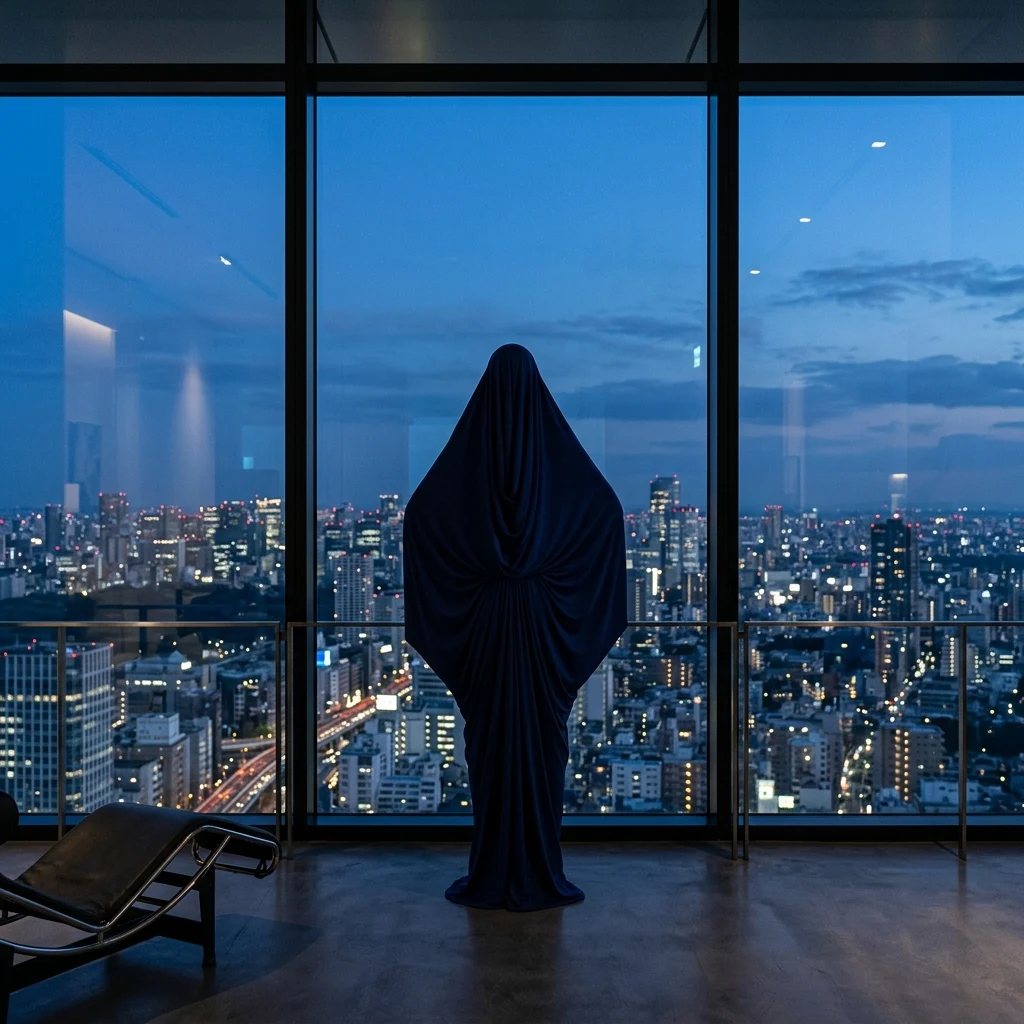 A couture model wearing a dramatic draped jersey gown with an exaggerated hood
