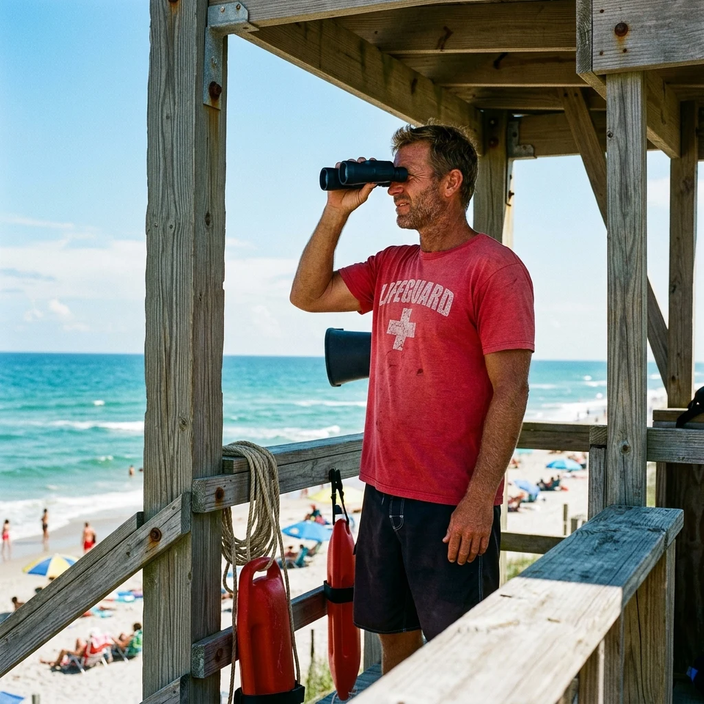 A 41-year-old male lifeguard in a swim shirt scanning the water from a tower