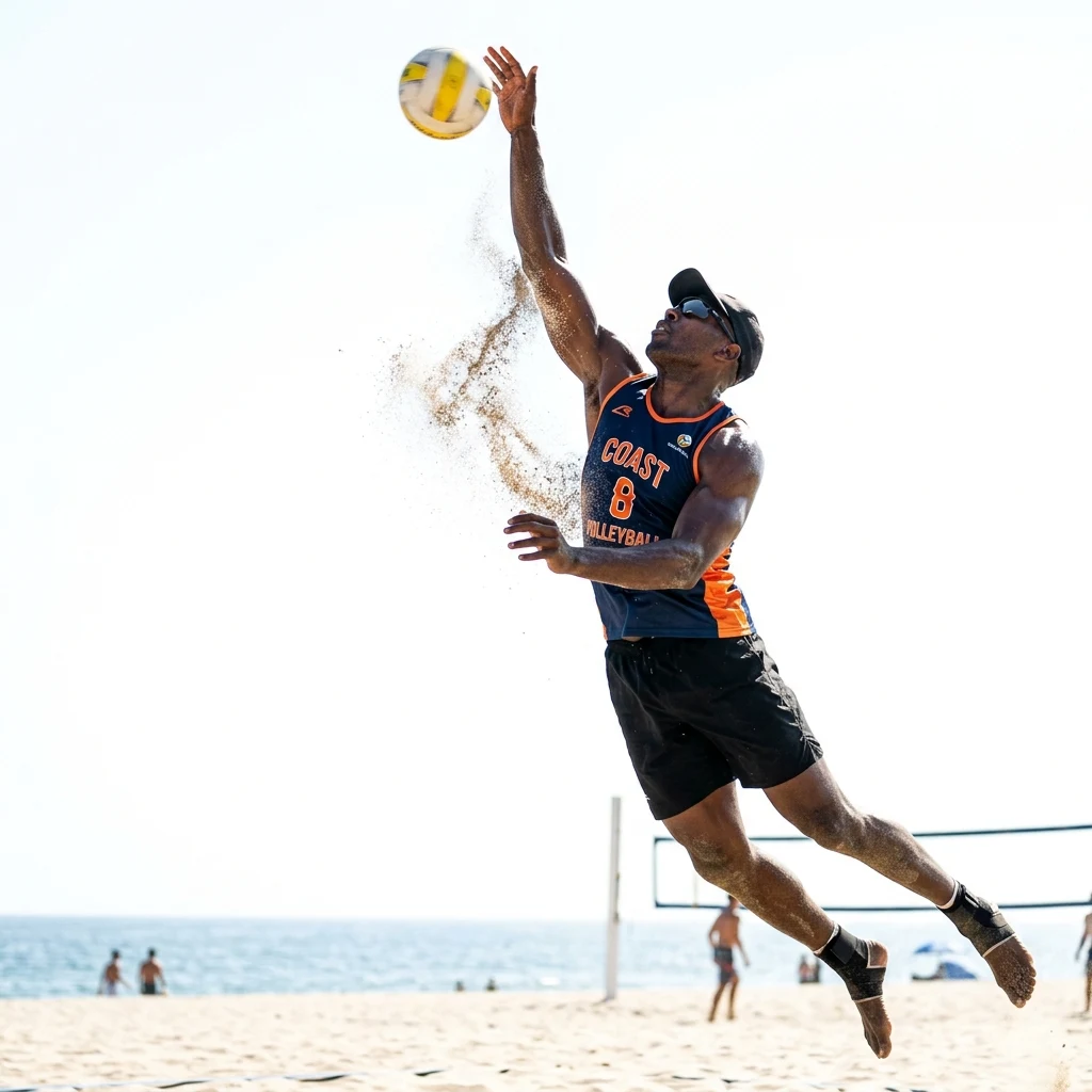 A beach volleyball rally frozen at 1/2000th on a long lens