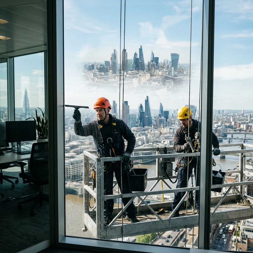 Window washers on a suspended scaffold photographed from inside an office