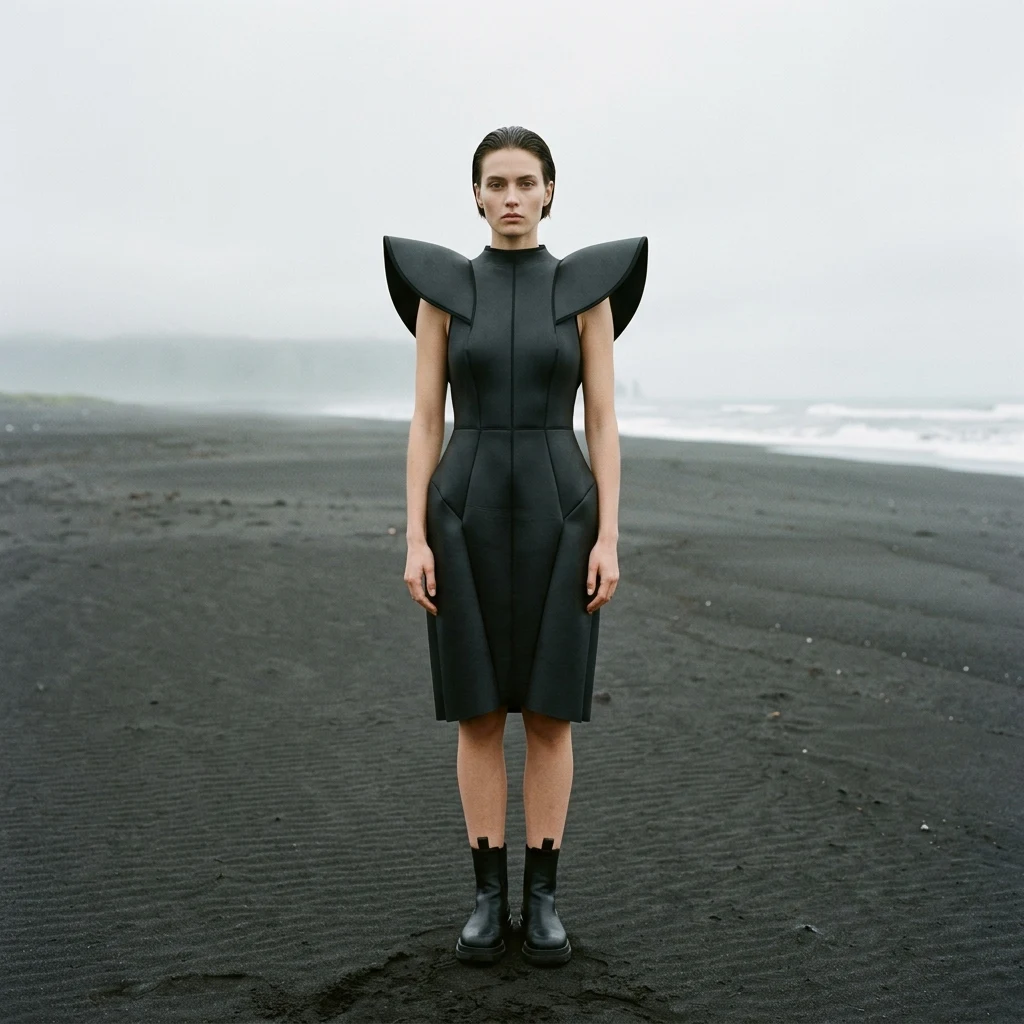 Fashion model on a dark volcanic beach