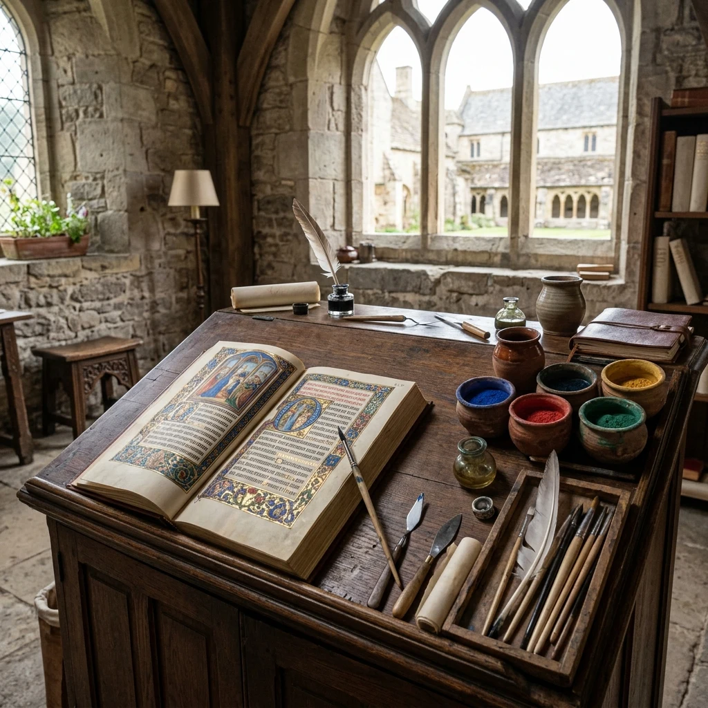 A medieval scriptorium lit by high clerestory windows