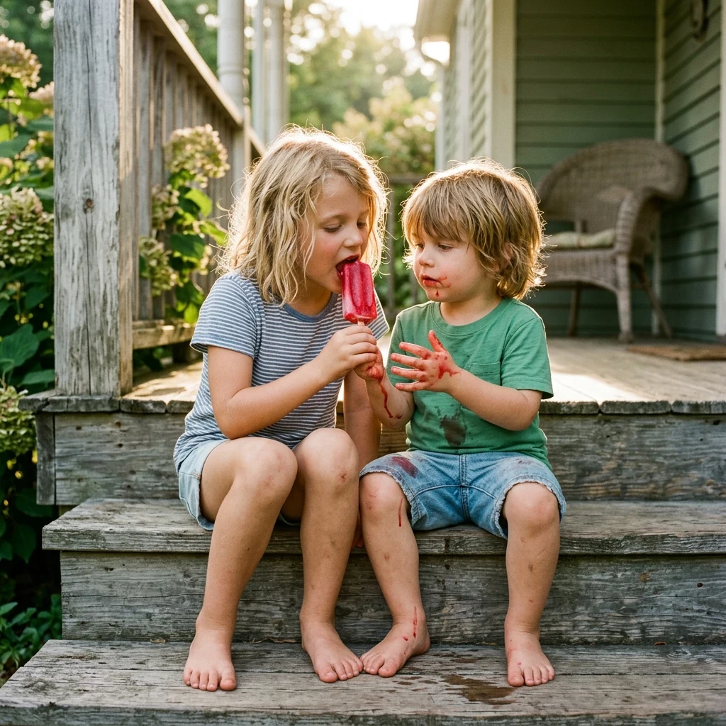 A seven-year-old girl and her five-year-old brother sitting on a porch step in July