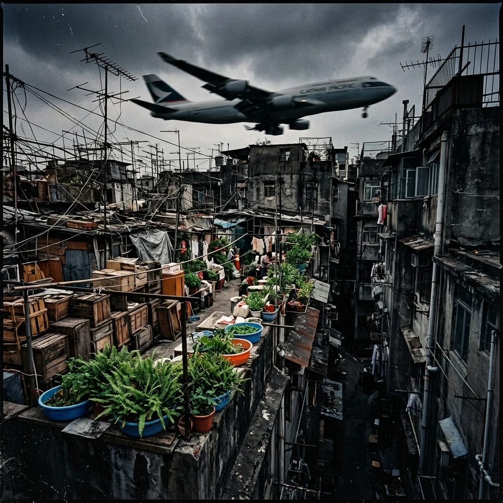 A rooftop courtyard inside Kowloon Walled City where residents tend to small potted…