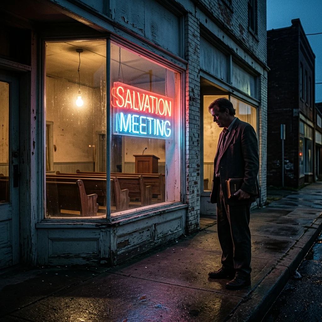Glowing neon sign at a quiet storefront