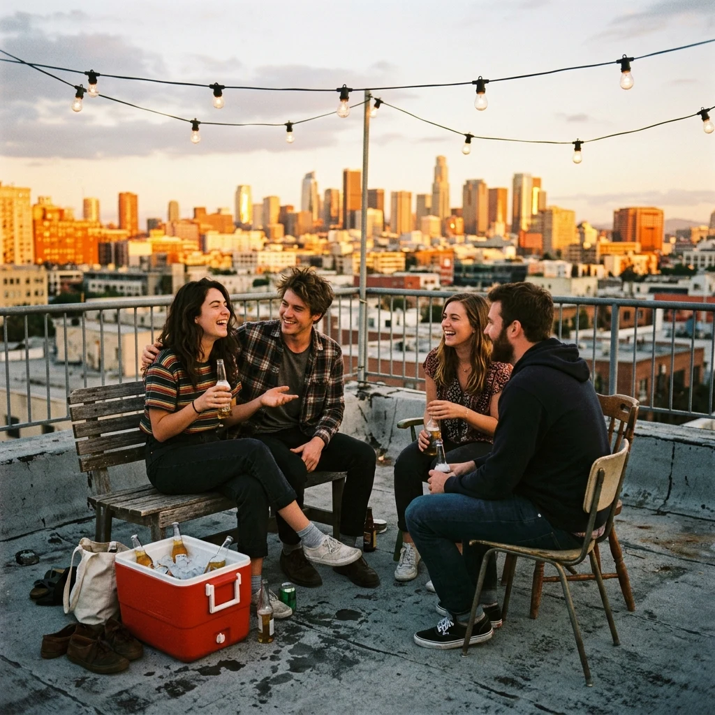 Friends at a rooftop party at sunset