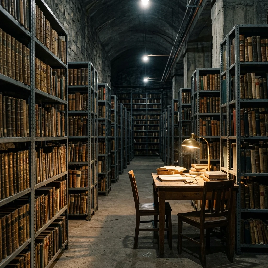 An underground bunker library filled with thousands of salvaged paper books stored on…