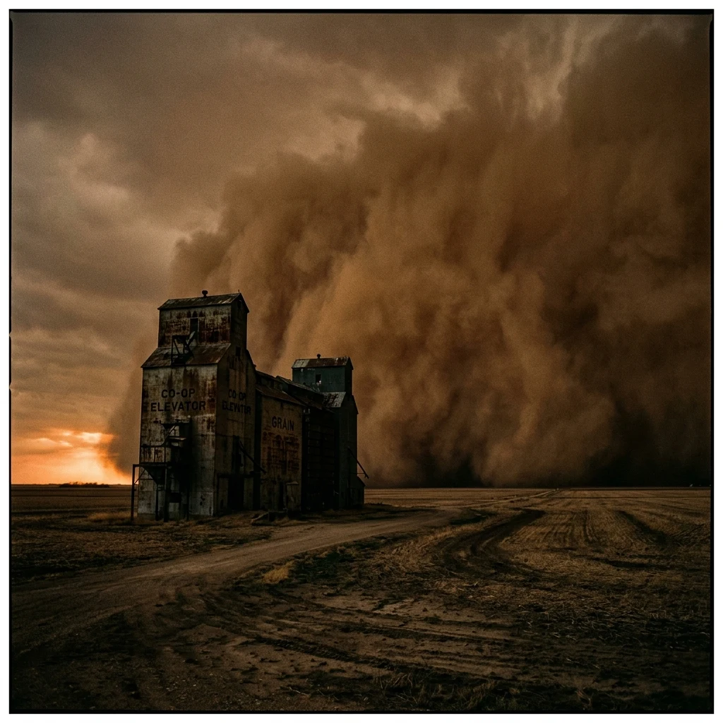 Approaching dust storm over grain elevators