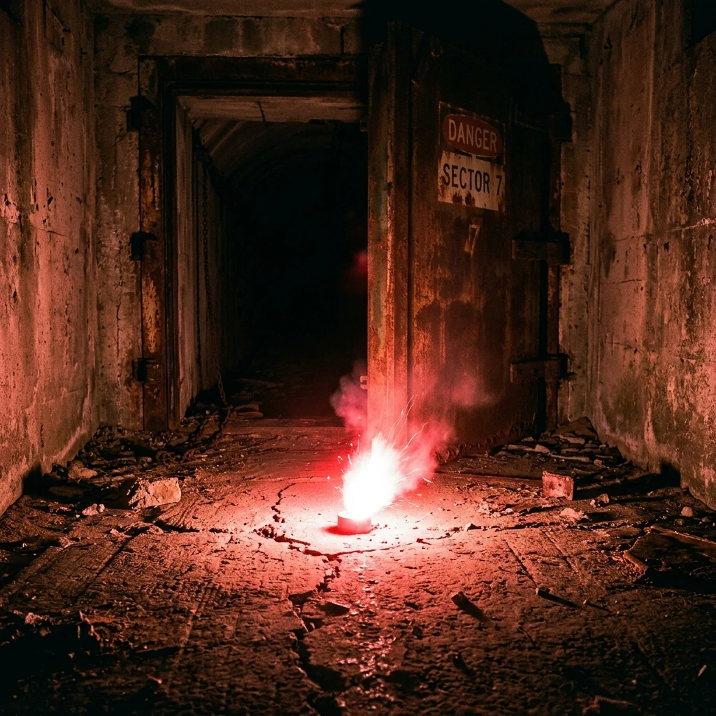 Red flare glowing at a bunker entrance
