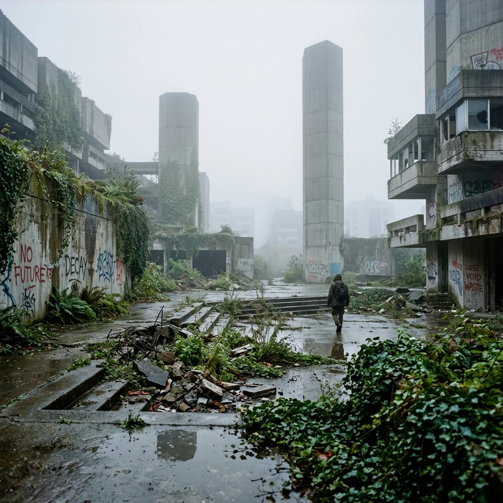 A rain-slicked concrete brutalist plaza decaying under heavy fog