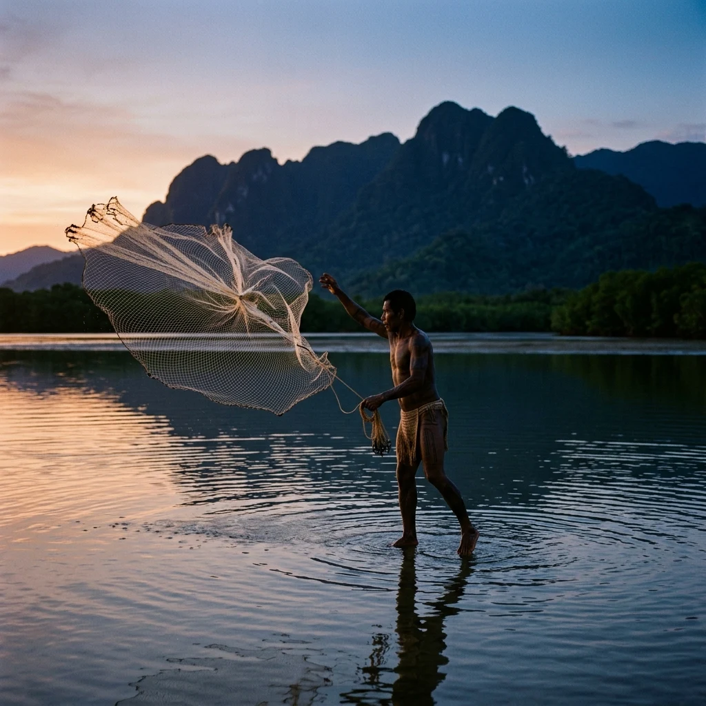 An indigenous Emberá fisher throwing a hand-woven net into a coastal estuary at dusk