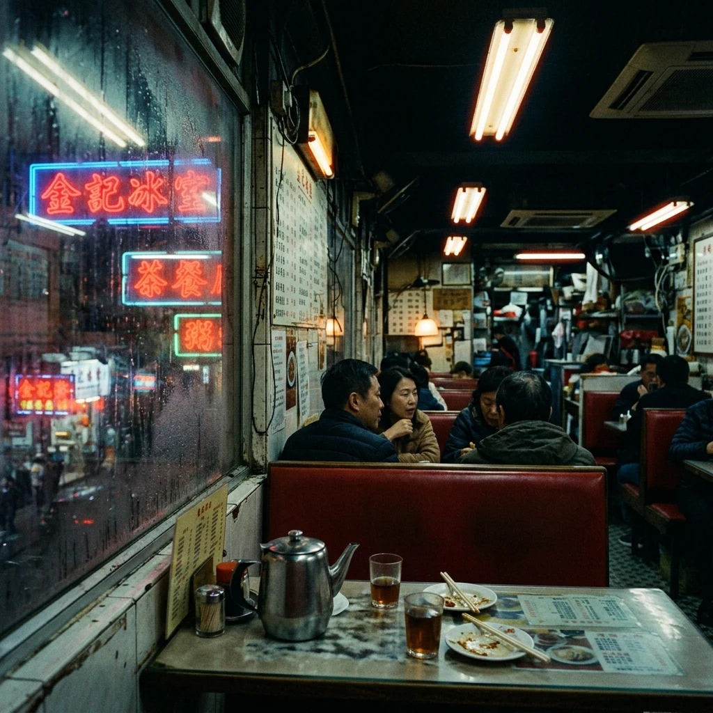 Cozy tea shop on a rainy night