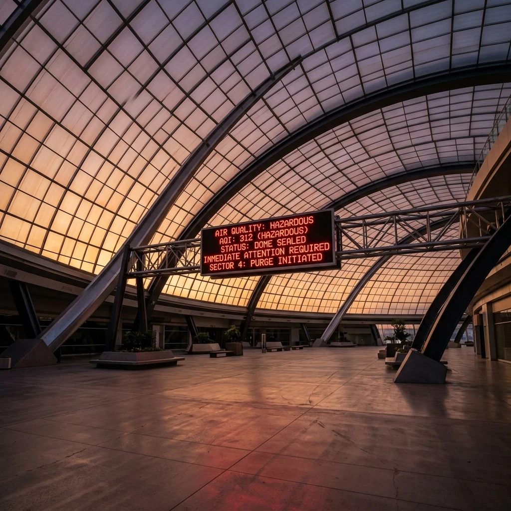 The interior of a sealed dome habitat at simulated sunset