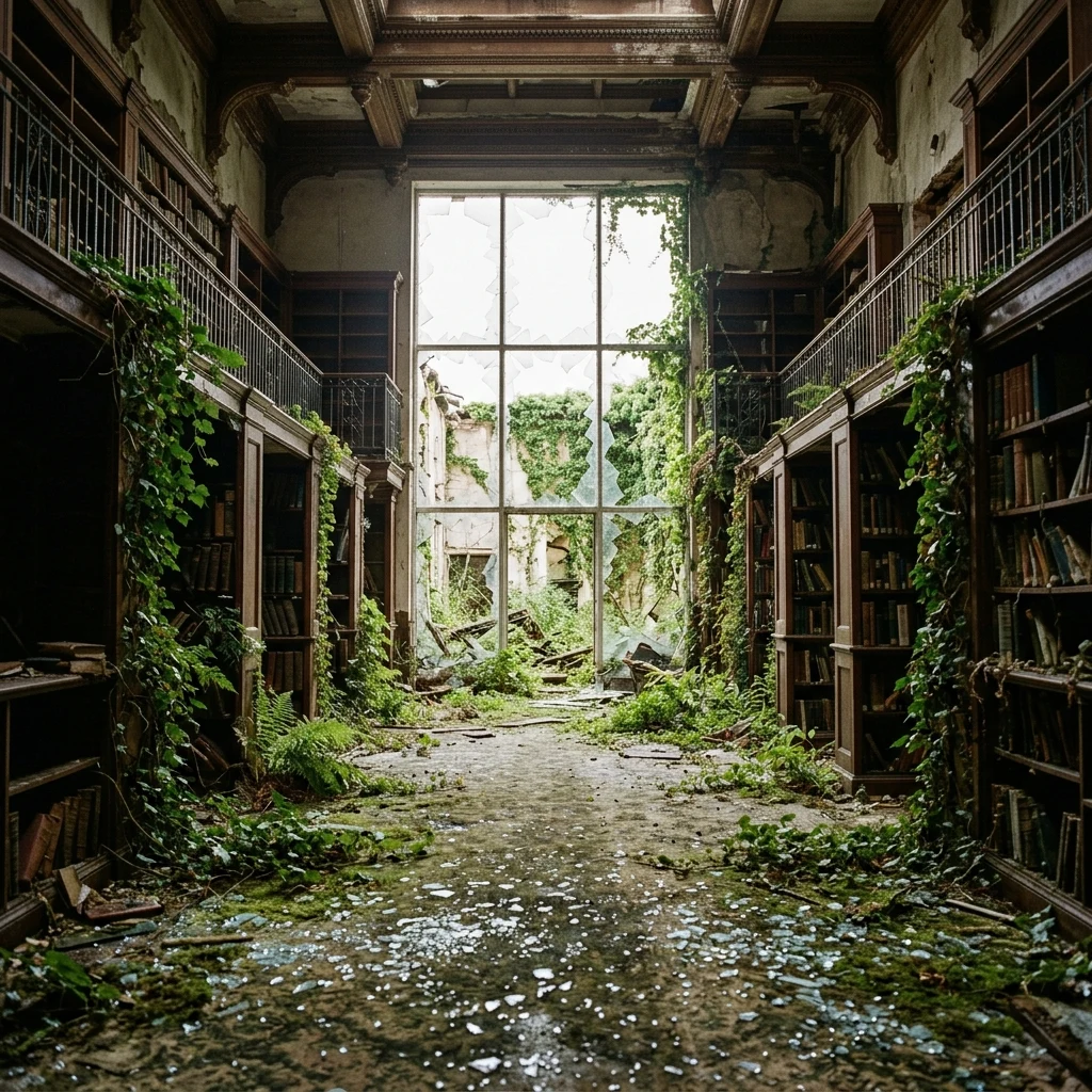Overgrown library with sunlight through broken windows