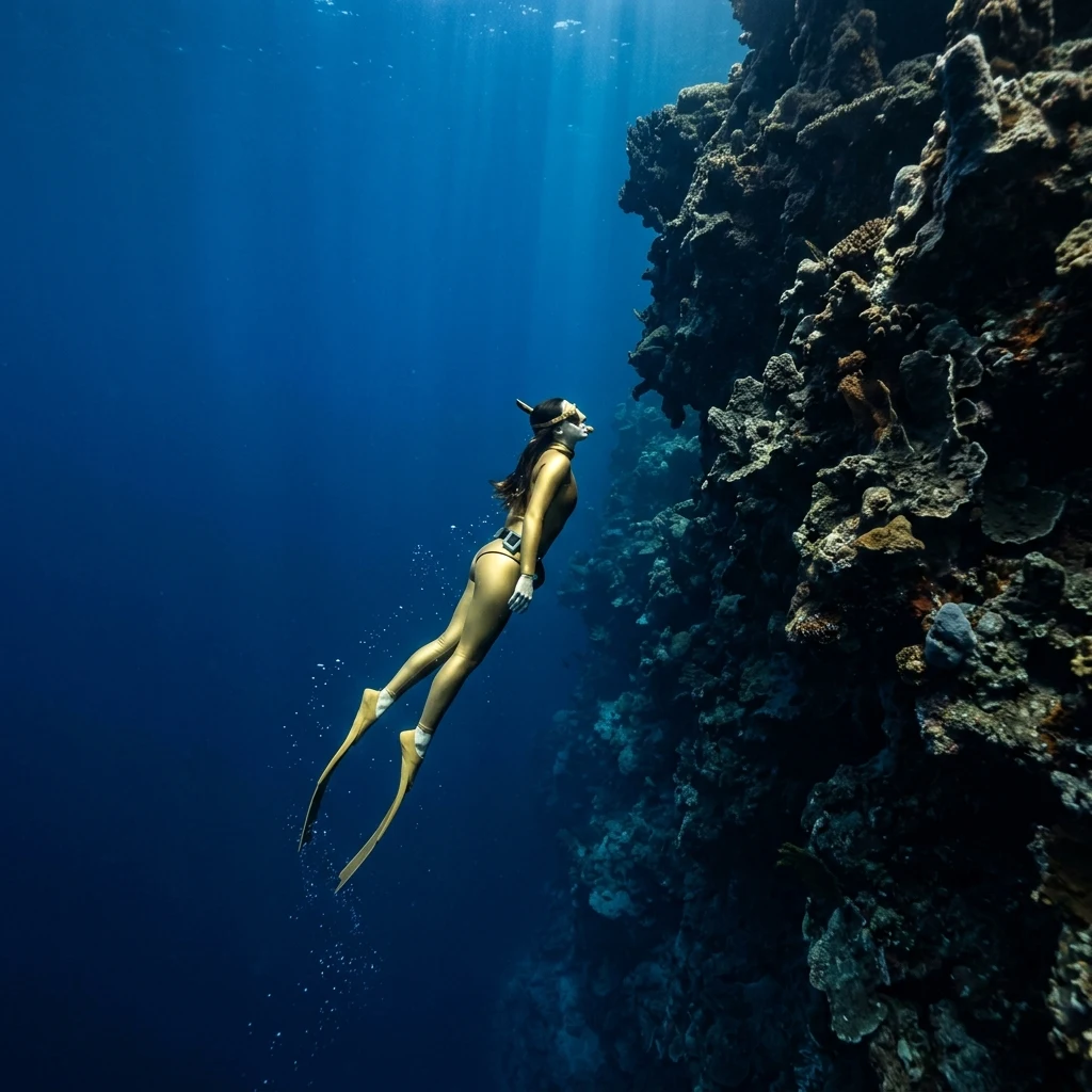 Diver swimming near a coral reef