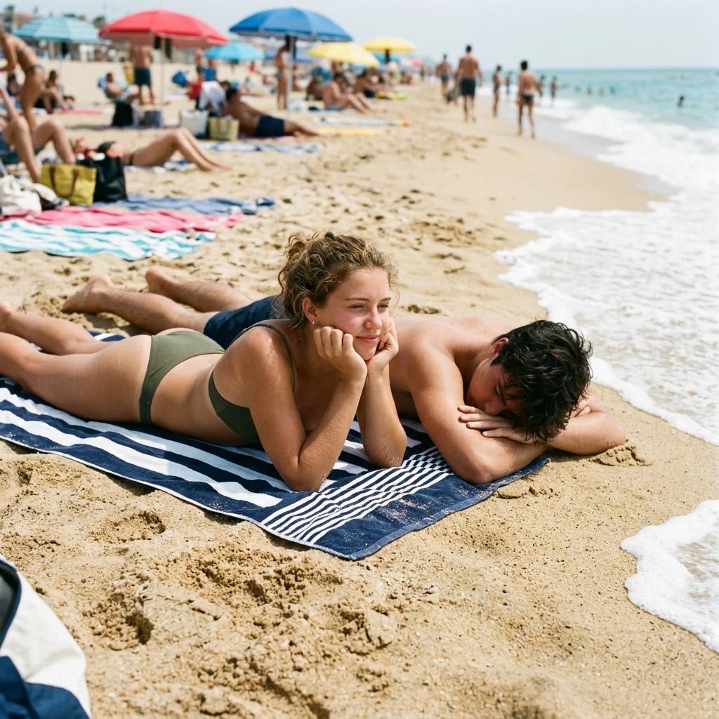Sunbathing: A 19-year-old young woman in a minimal white string bikini lying face-down on…