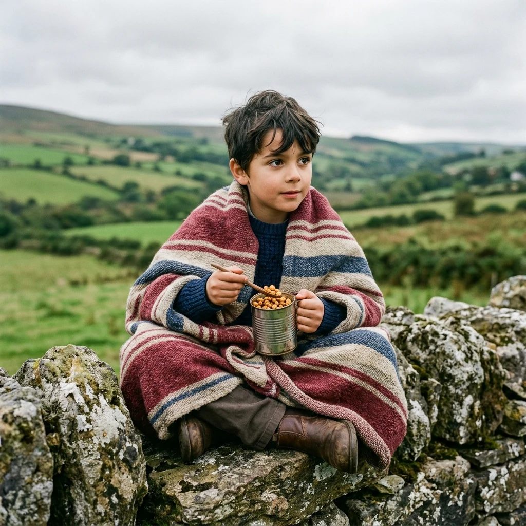 Child eating snacks on a stone wall