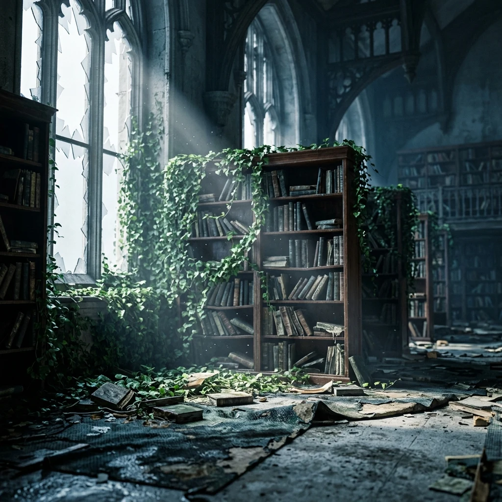 Sunlight streaming into a derelict library