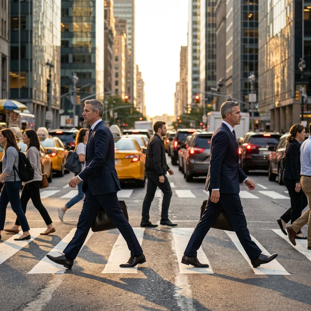 Identical twin men in their forties in business attire walking down a busy city street in…