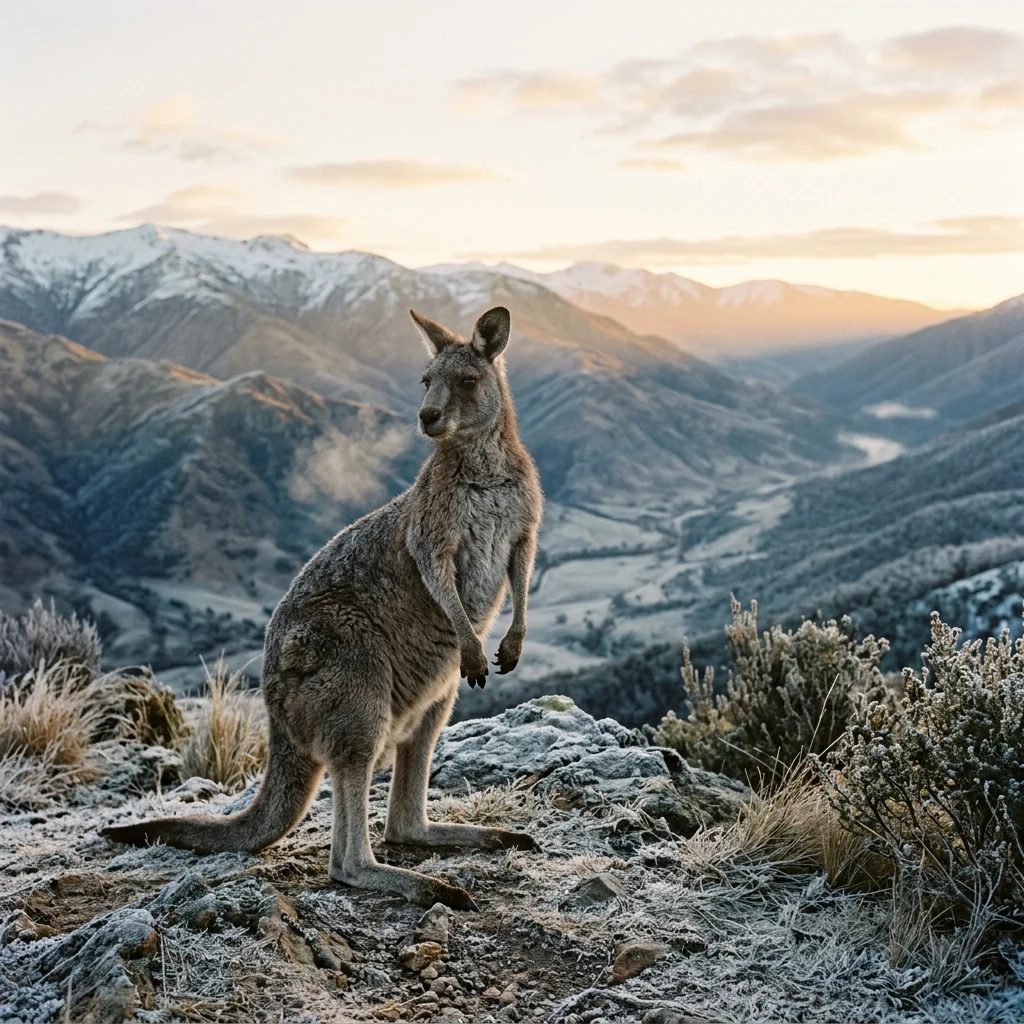 A kangaroo standing on a frost-dusted ridge in the High Country of the Great Dividing…