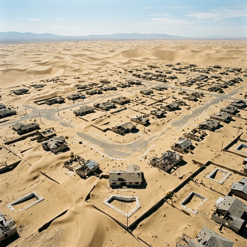 An abandoned desert suburb photographed from a drone at noon