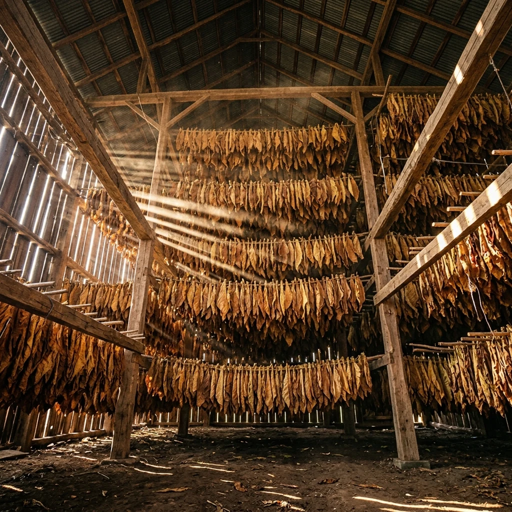 Sunlight streaming into an old tobacco barn