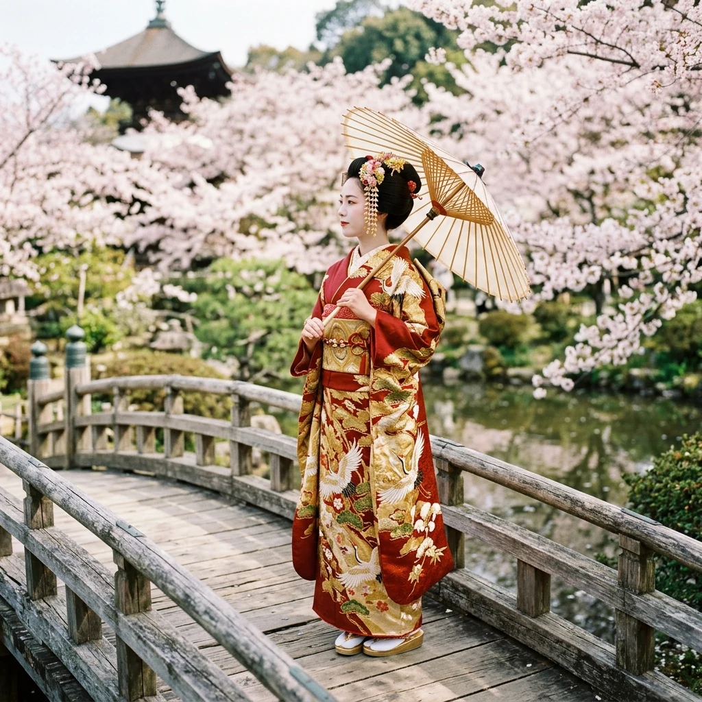 A Japanese woman wearing a classic silk furisode kimono with gold-embroidered crane…