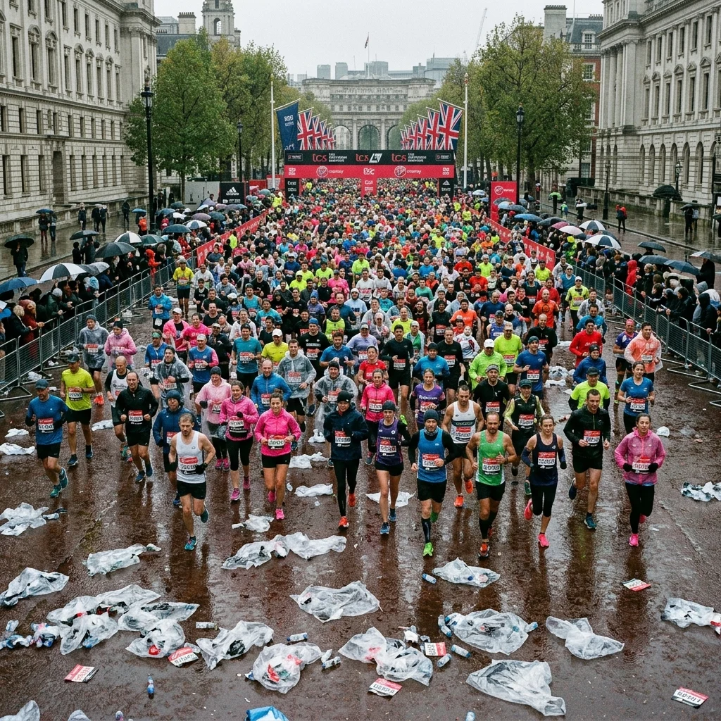A marathon start in cold drizzle