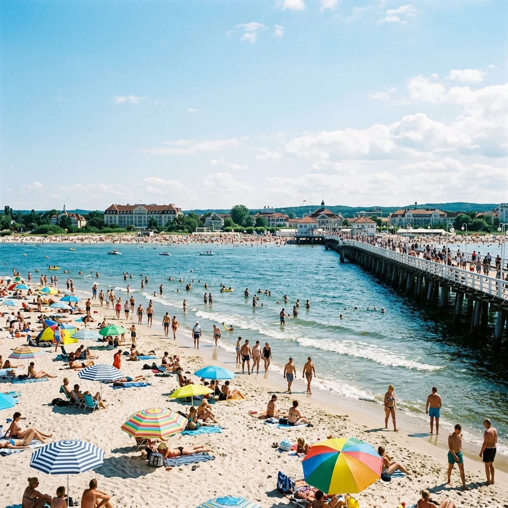 A packed summer shore at Sopot Beach