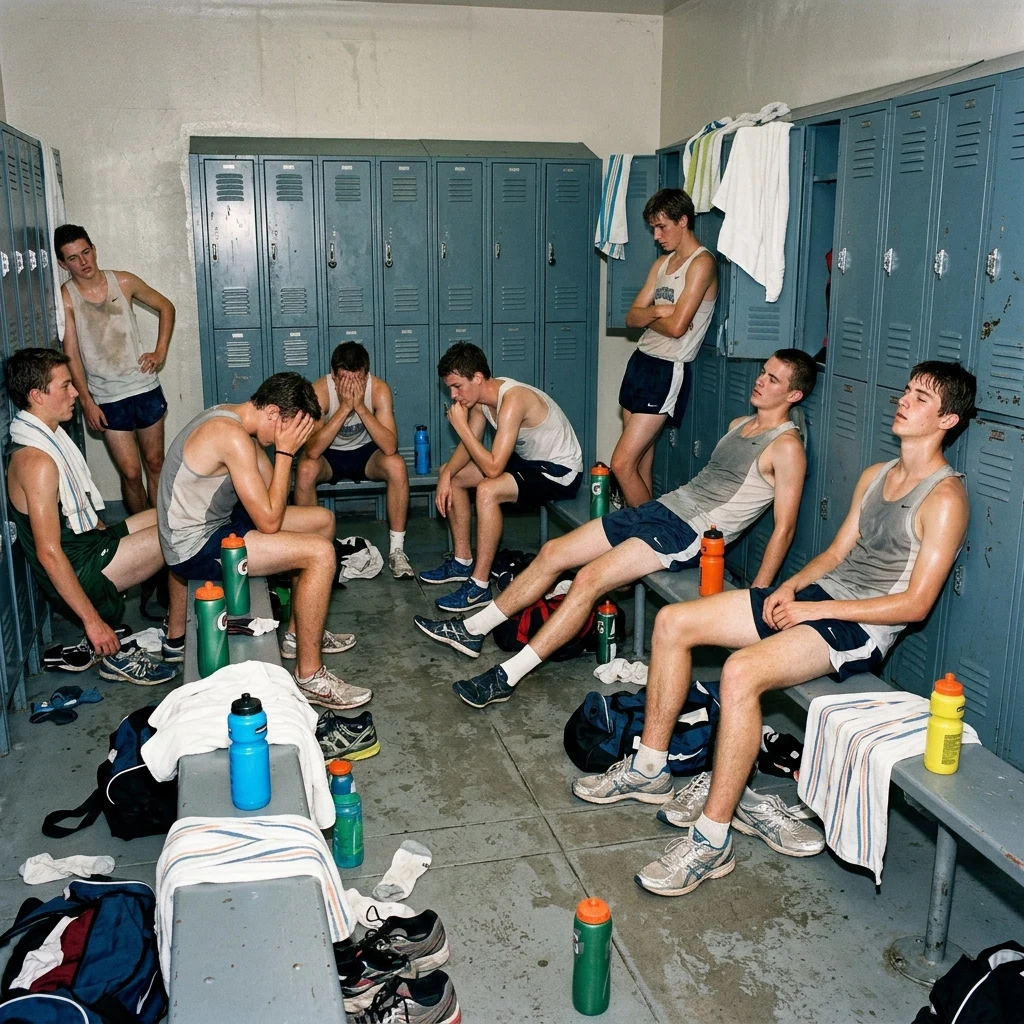 18 year old track students in a locker room after practice