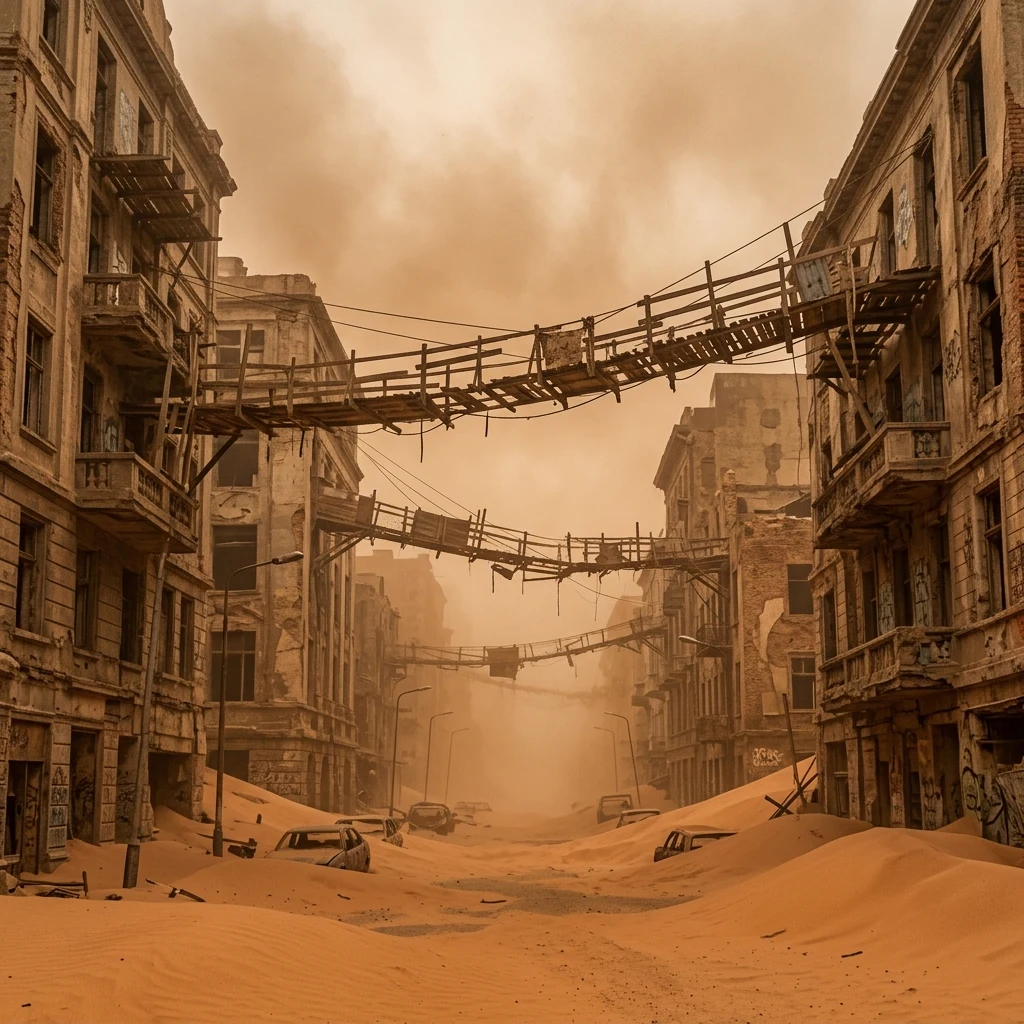 Ruined city street filled with desert sand
