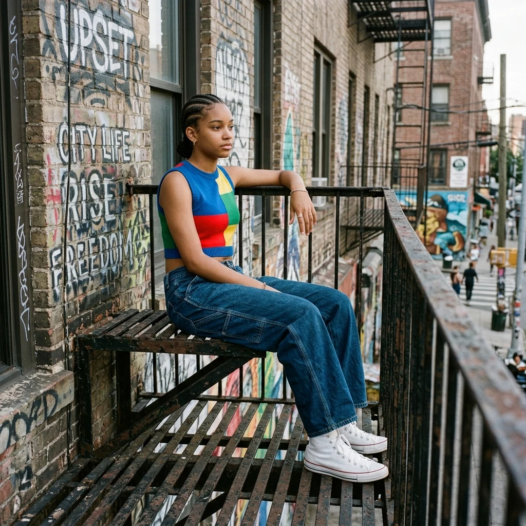 Person sitting on a city fire escape
