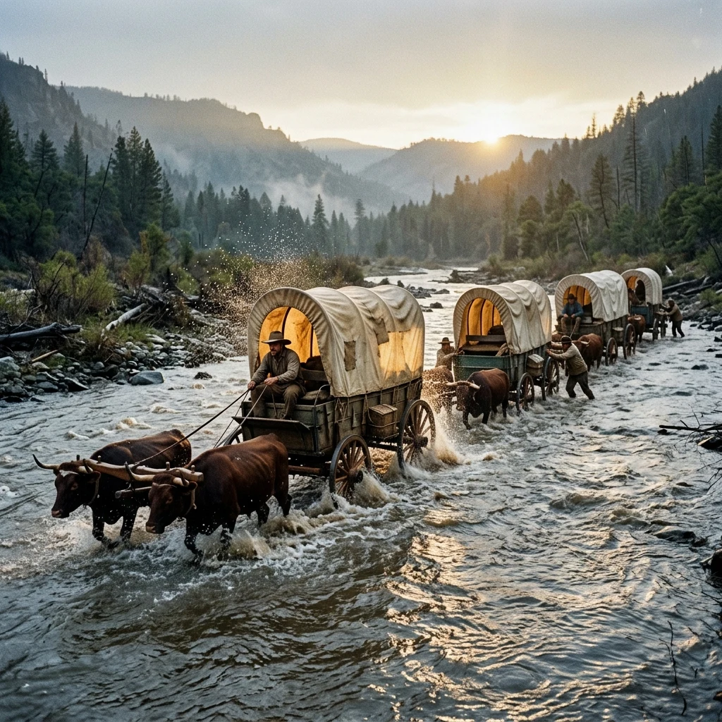 A covered wagon train crossing a swollen river in Wyoming at dawn