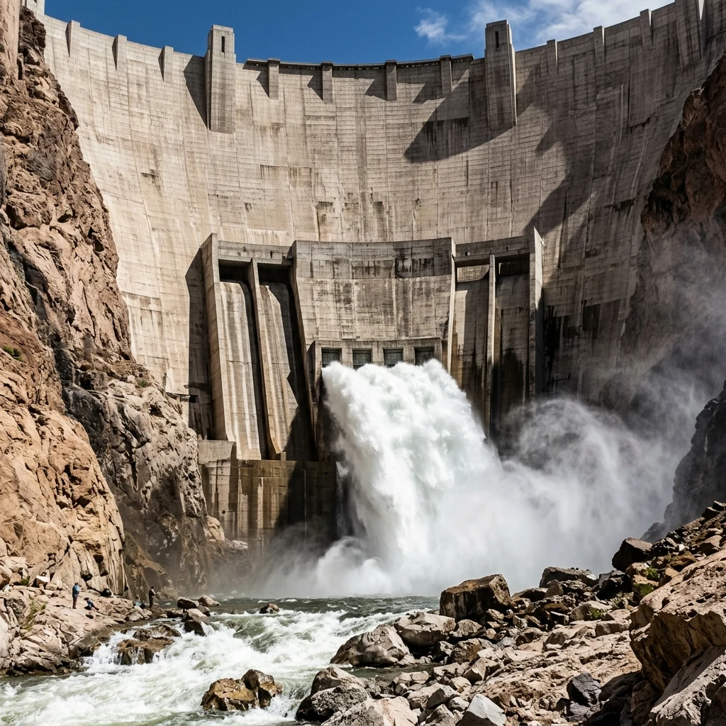 A massive hydroelectric dam wall photographed from the riverbed below