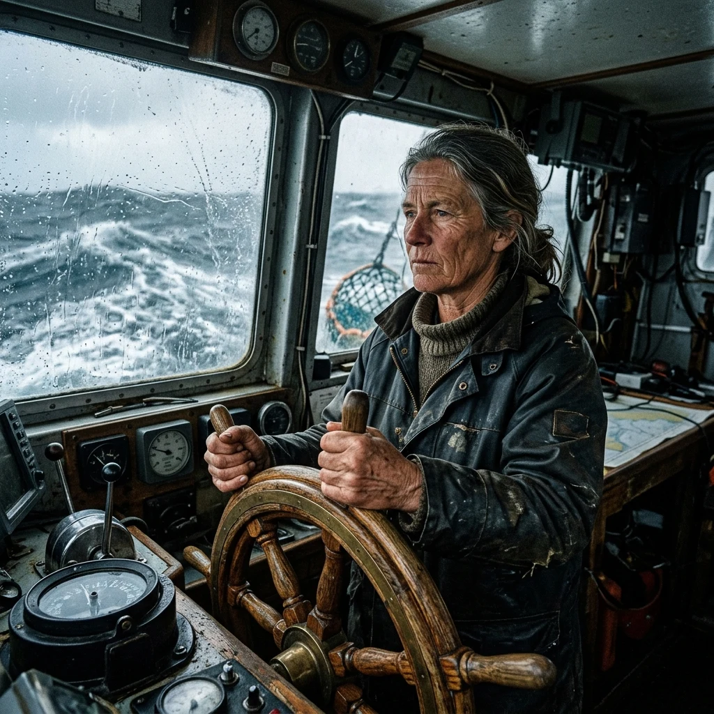 The captain of a scavenger trawler in her fifties